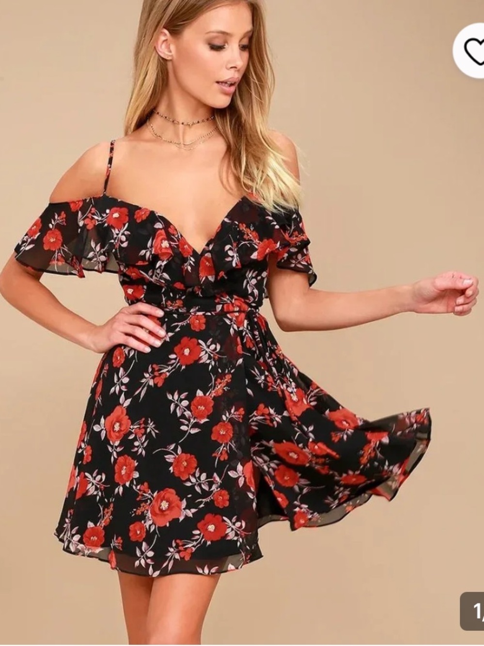 Lulus Devoted to Love Black Red Floral Wrap Mini Dress Ruffle M